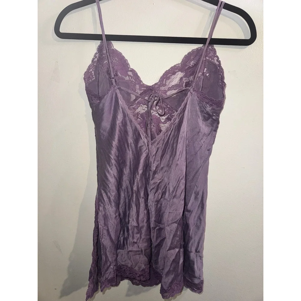 Vtg Y2k Victoria's Secret 100% Silk Lace Trim Purple Slip Babydoll Top XS Fairy - Picture 5 of 9